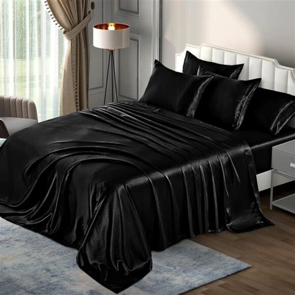6Pieces Queen Satin Sheets Luxury SilkyBlack Satin BeddingSheet Set,1Deep Pocket - Picture 1 of 8